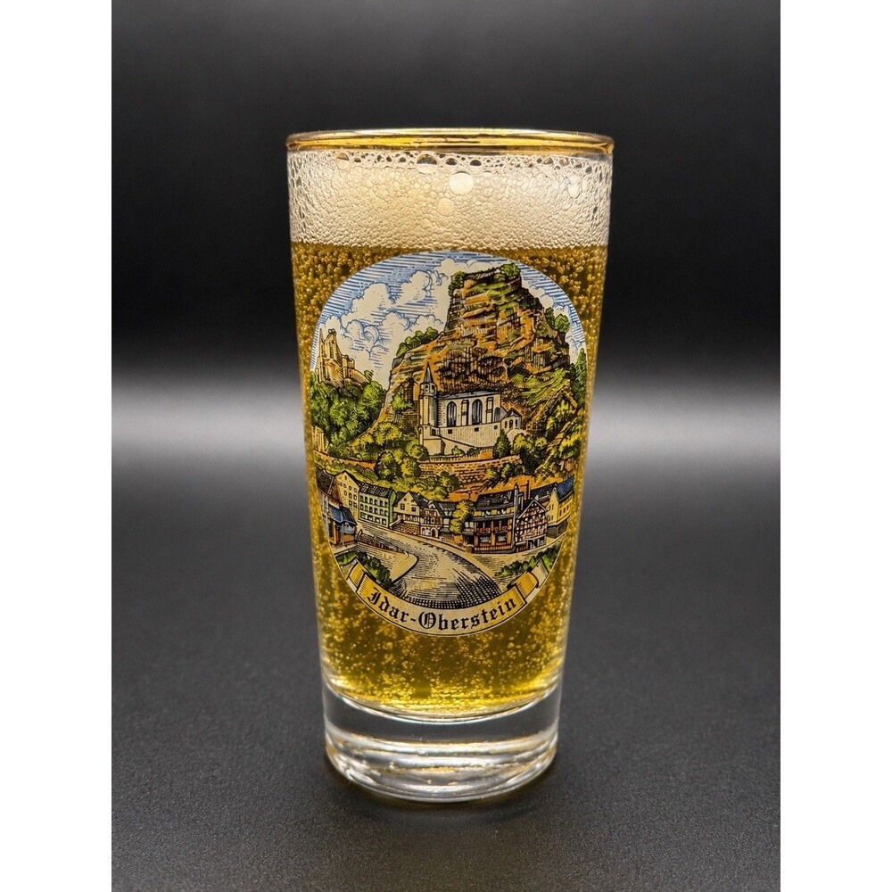 Idar-Oberstein Germany Beer Glass Scenic Motif Gold Rim Breweriana Barware